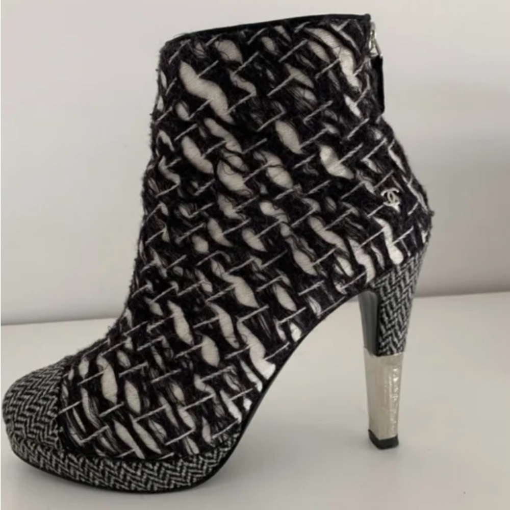Chanel Black and White Tweed Ankle Boots